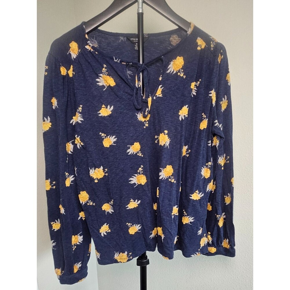 Lucky Brand Womens Medium Blue Floral Boho Top Long Sleeve Tie Neck Blouse